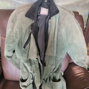 Ada Olive Green Suede Jacket with Black Collar